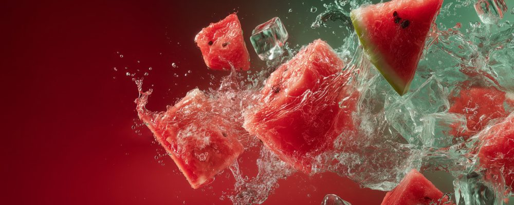 Summer fruit refreshment concept: watermelon chunks and sparkling splash for beverage promotions.