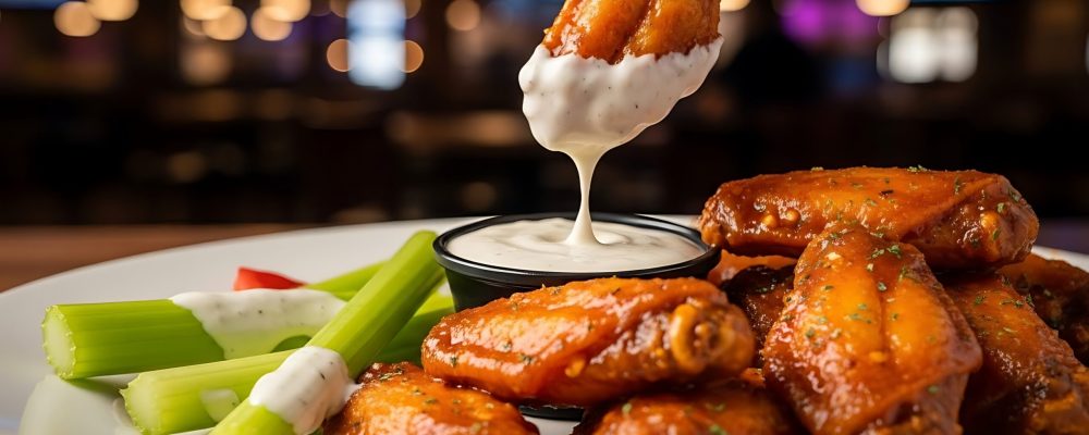 Chicken wings, dipping sauce, celery, pub food, blurred background.