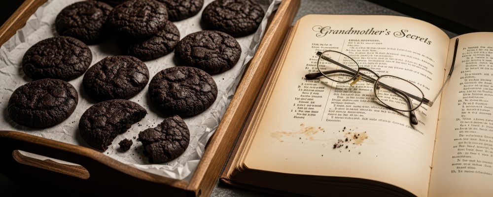 Darkly lit still life composition featuring a wooden tray filled with a dozen rich, dark chocolate cookies resting on crumpled parchment paper, positioned adjacent to an open, aged cookbook titled "Grandmother's Secrets," upon which a pair of wire-rimmed reading glasses is laid, suggesting a recently completed baking session guided by the handwritten or printed instructions.