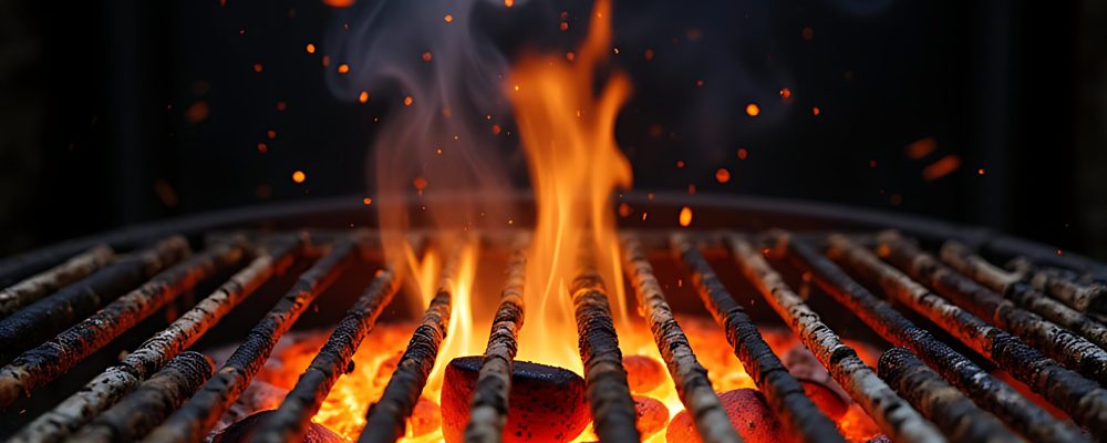 Close up of glowing embers and flames on a charcoal grill