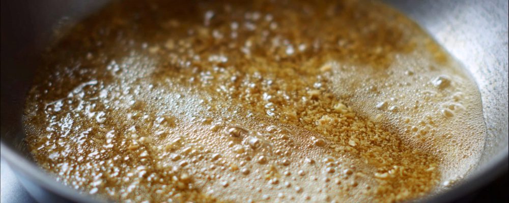 Brown Butter in Pan Bubbling Beurre Noisette Cooking Process Close Up