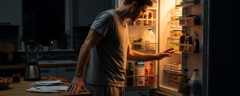 A person standing in front of an open refrigerator searching for something to eat late at night