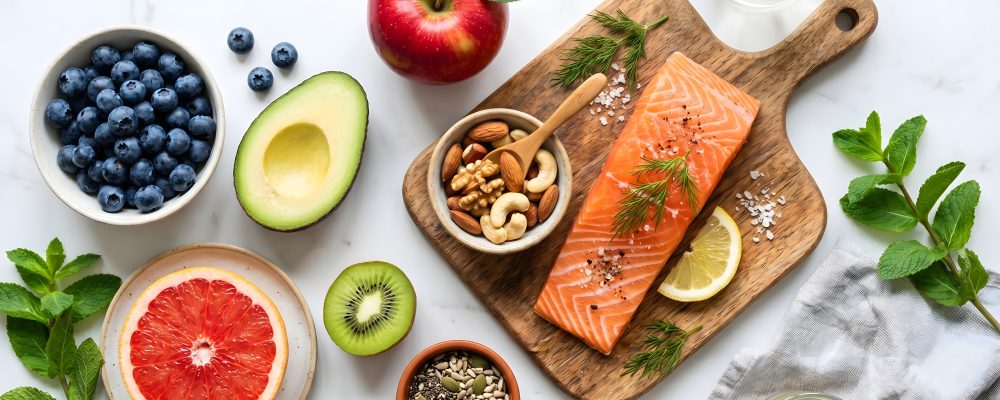 Healthy Mediterranean diet food flat lay, fresh salmon fillet with avocado and berries, nutritious keto meal ingredients on marble background