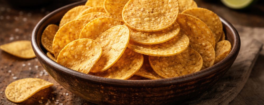 Golden circular tortilla chips placed in bowl on aged kitchen table
