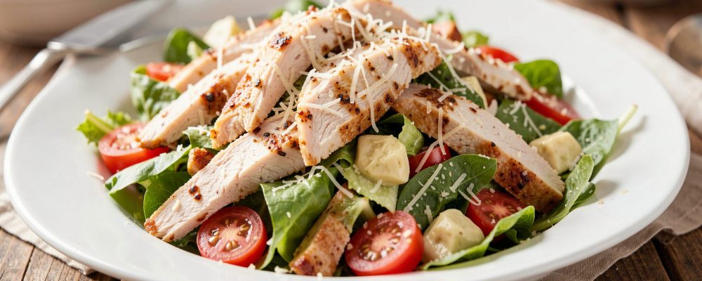 Close-up view of a mouthwatering salad with grilled chicken breast, mixed greens, sliced tomatoes, and shredded cheese.
