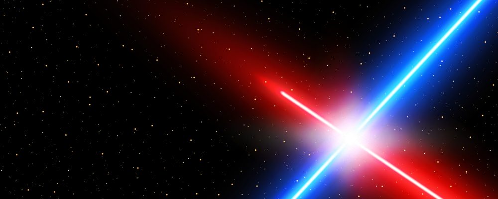 May the fourth be with you concept. Blue and red neon crossed lines on starry sky background. Vector illustration