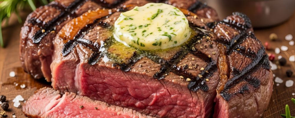 A thick, grilled steak, likely a ribeye or sirloin, is prominently displayed on a rustic wooden cutting board. The steak boasts dark, crisscrossing grill marks on its seared brown crust. A slice cut from the front reveals a juicy, vibrant pink interior, indicating a medium-rare preparation. A pat of compound butter, infused with herbs, rests on top of the hot steak, beginning to melt and create a glistening sauce over the meat. The presentation includes fresh rosemary sprigs, scattered coarse salt, and whole peppercorns. In the blurred background, a grilled lemon half and a small metal bowl containing more compound butter complete the setting, emphasizing the culinary preparation and high-quality ingredients.