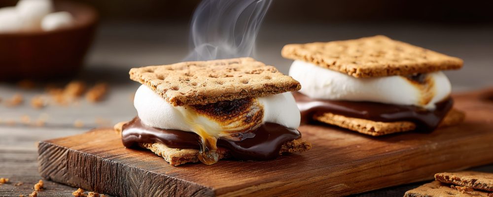 Warm, gooey s'mores are presented on a rustic wooden board, showcasing melted marshmallow and rich chocolate