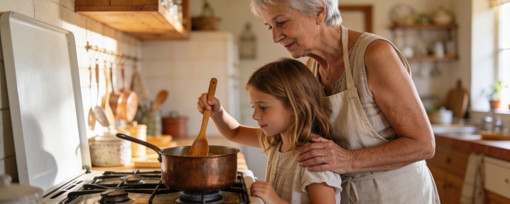 Grandmother in her early seventies with light skin and short silver hair wearing a soft linen apron, standing beside a young girl around six years old with light brown hair at a kitchen stove