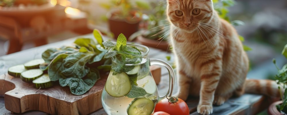 A cat sits next to a rustic table in a garden. There is a pitcher with cucumber and mint water. Fresh tomatoes and spinach are on the table. The sun is setting in the background.