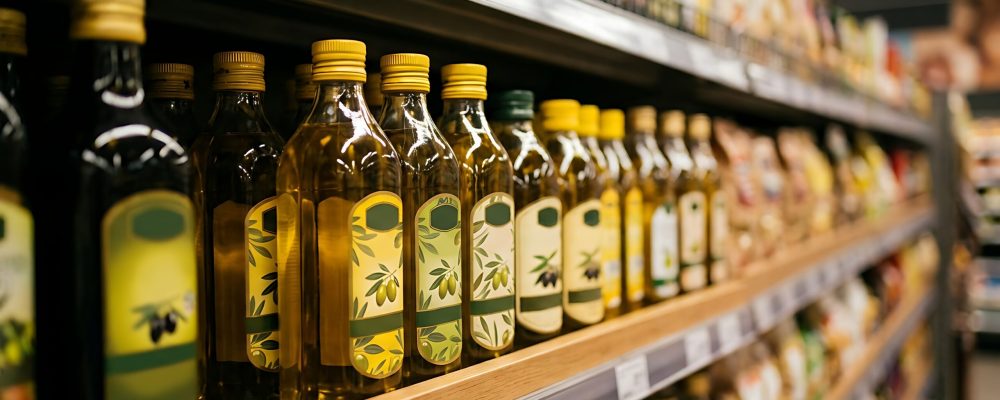 Selection of premium olive oil bottles on a grocery store shelf in a supermarket aisle