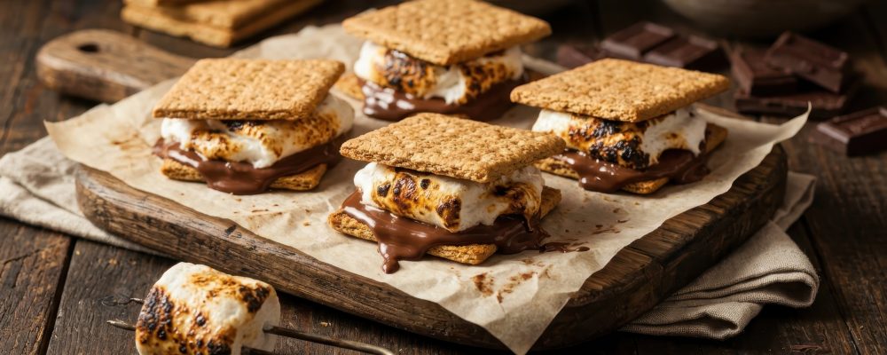 Decadent s'mores sandwiches crafted with graham crackers, melted chocolate, and perfectly toasted marshmallows sit on a rustic wooden board, perfect for capturing the essence of campfire indulgence.