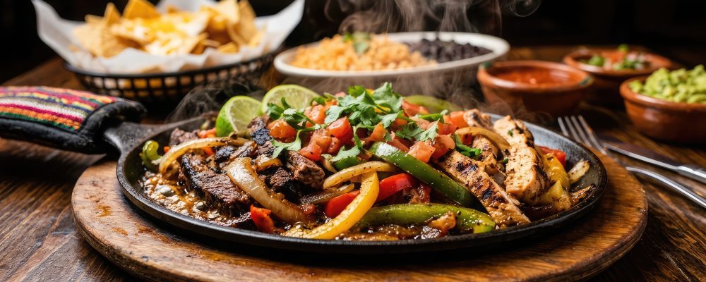 Sizzling fajitas platter with rice beans guacamole and nachos mexican cuisine