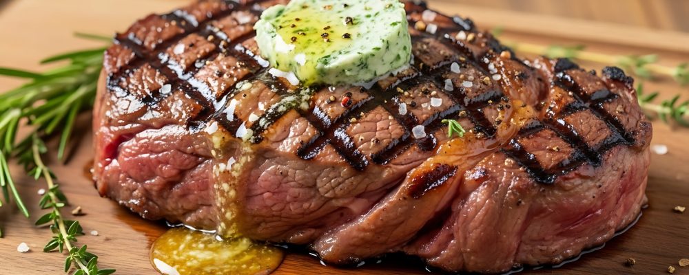 Juicy grilled ribeye steak topped with melting herb garlic butter and coarse sea salt resting on a wooden board captured in high resolution food photography