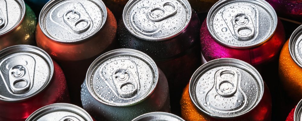 aluminum cans of soda background. the view from the top