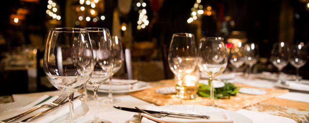 Served dinner table. Restaurant interior