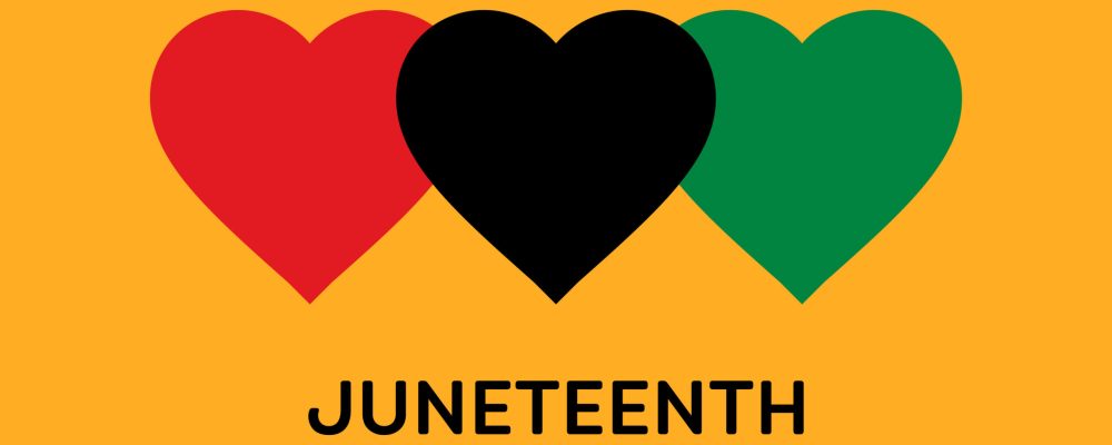Juneteenth Square Banner With Hearts in Pan-African Flag Colours. Vector Illustration Symbolising Juneteenth Freedom Day.