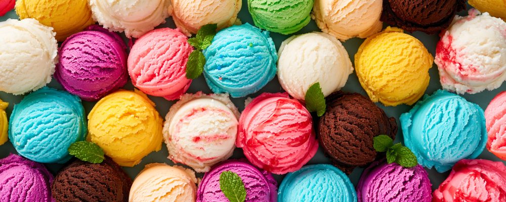 Assorted of scoops ice cream. Colorful set of ice cream of different flavours. Top view of ice cream isolated with mint, sauce