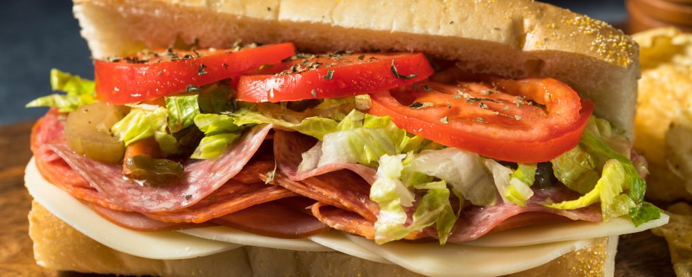 Homemade Cold Cut Italian Sub Sandwich with Salami Lettuce and Tomato