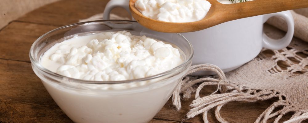 cottage cheese in a plate and a spoon with cottage cheese