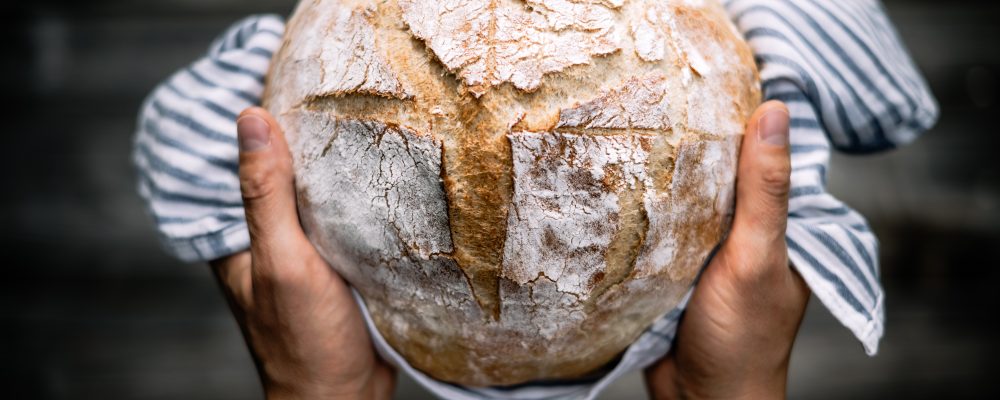 Traditional leavened sourdough bread in baker hands on a rustic wooden table. Healthy food photography