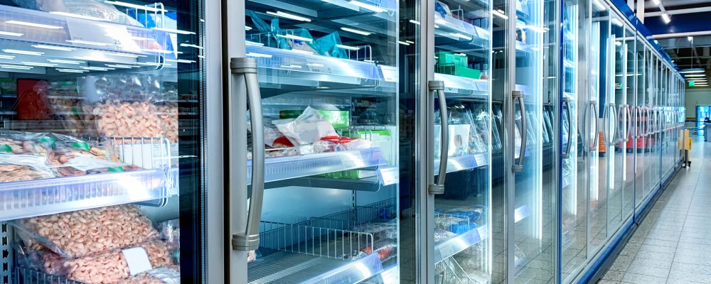 Grocery store refrigerator with various food