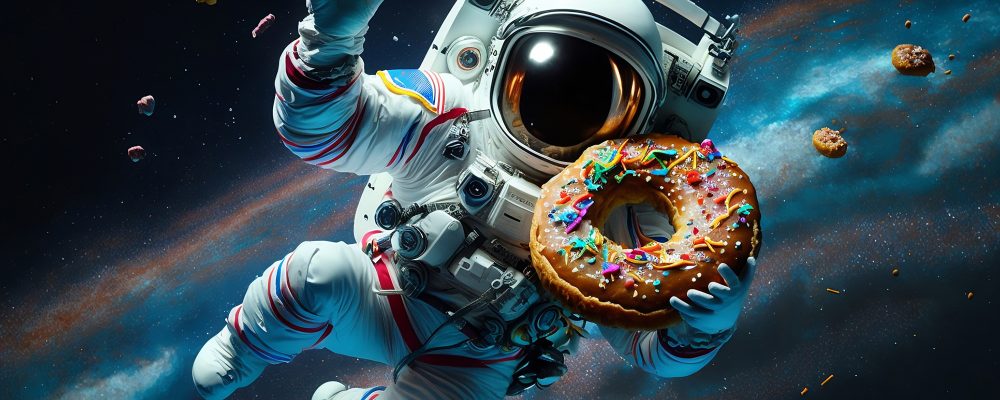 A cosmonaut in space is holding a huge donut. Dessert snack with chocolate coating and sprinkles. The image of elation after eating a delicious donut. Galaxy background.