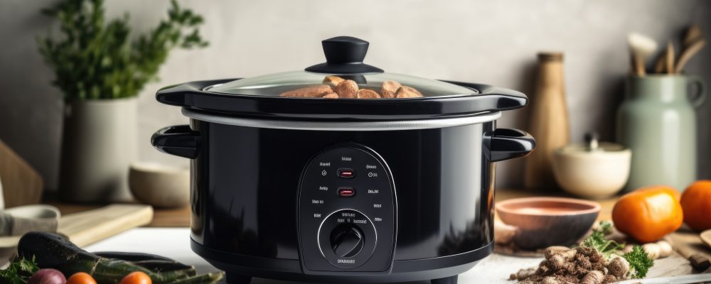 Black multicooker kitchenware food setting, kitchen appliance concept, ai generative