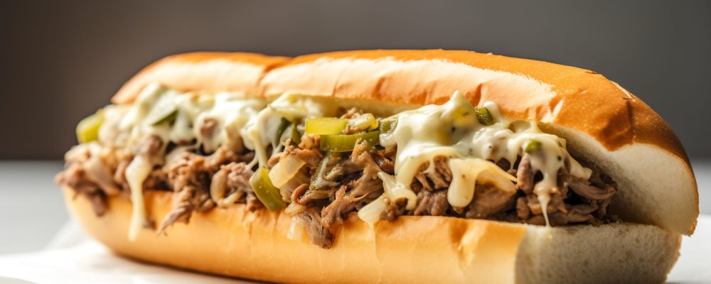 Delicious Philly cheesesteak with chopped ribeye steak with pickles green peppers onions and provolone cheese in a crisp roll. Traditional American cuisine