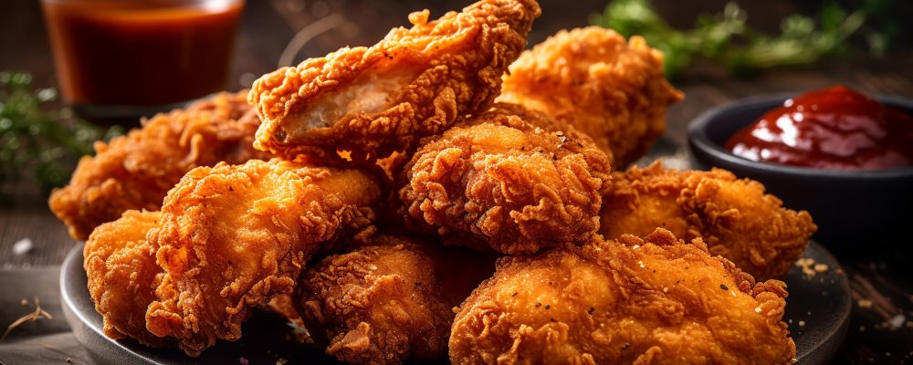 A platter of crispy fried chicken tenders, with a crunchy exterior and tender, juicy meat inside, served with a side of tangy barbecue sauce, generative ai