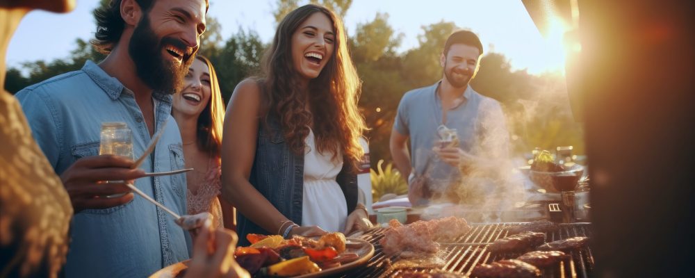 A group of friends has come together on a beautiful sunny day to enjoy a delightful barbecue. Laughter and chatter fill the air, creating an atmosphere of pure joy and relaxation.