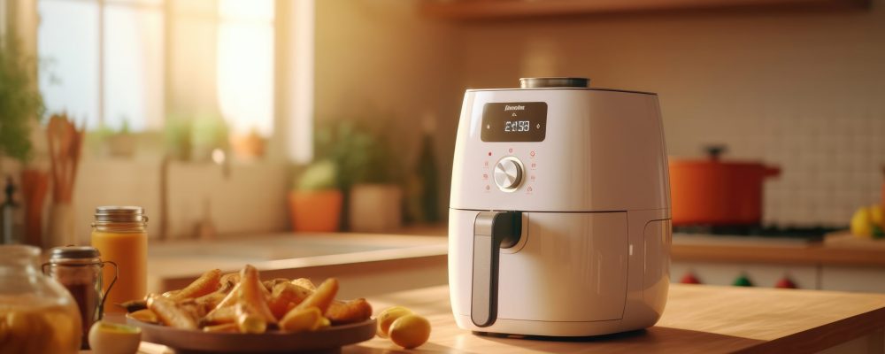 A stylish white air fryer perched elegantly on the kitchen counter