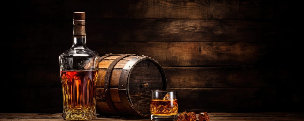 Scotch whiskey bottle, glass, and old wooden barrel with empty space