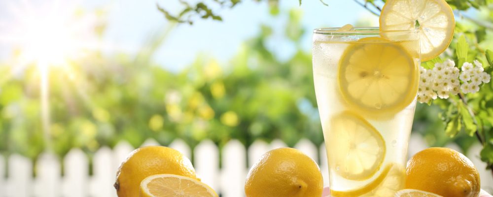 Citrus lemonade in garden setting,summer drink.