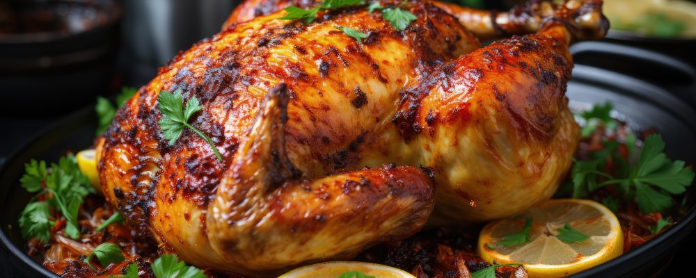 crispy and juicy roasted chicken on a plate