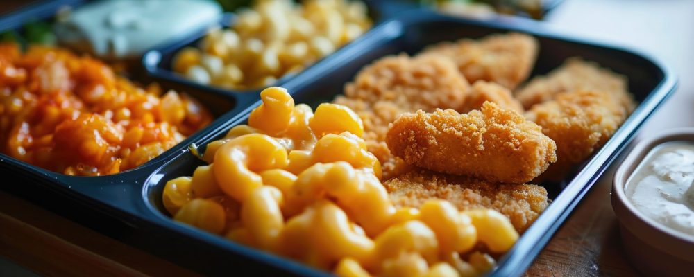 TV dinner featuring chicken nuggets, corn, and mac and cheese.
