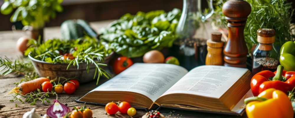 Modern new recipe book with illustrations of various food and recipes