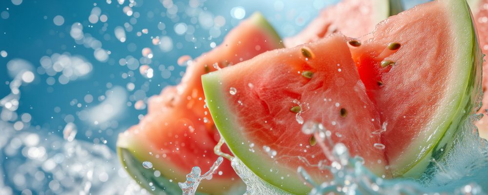 Fresh watermelon slices with splashing water on a blue background.