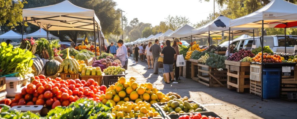 An early morning farmers market scene, bustling with vendors and customers, fresh produce on display, capturing the essence of local commerce and community. Resplendent.