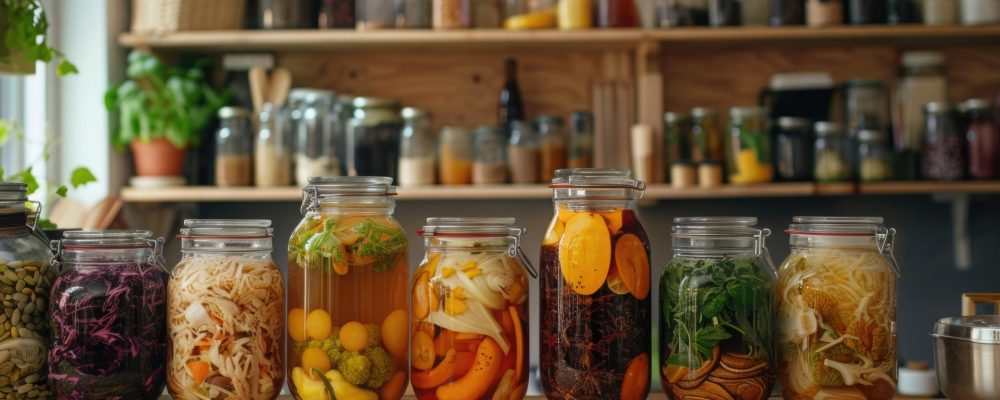 A kitchen scene showcasing the process of fermentation with jars of kombucha, sauerkraut, and other fermented foods as part of an eco-conscious lifestyle.