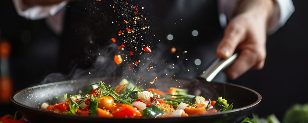 Chef cooking vegetables on a pan. Black background for copy text. ,copy space, High quality, + --ar 16:9 --v 6 Job ID: 1c3eeb85-3222-468b-b92e-6f3395616024