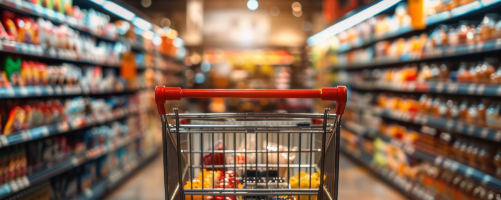 A shopping cart is in a grocery store aisle with many different items