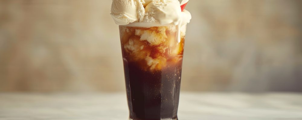 A vintage-style photograph of a root beer float