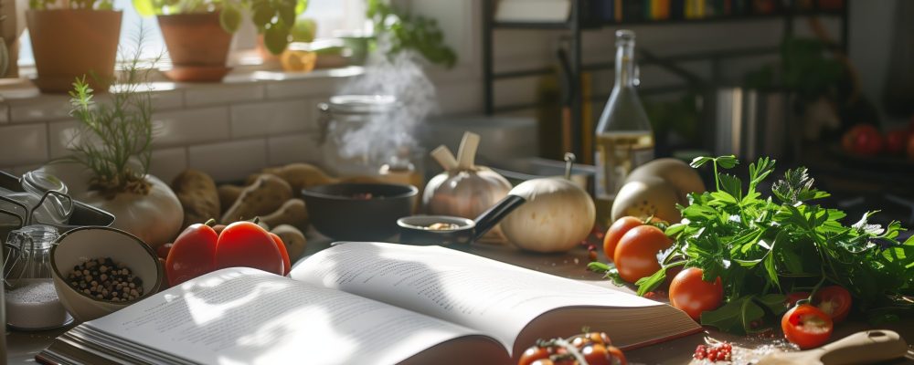 Cozy kitchen setting with an open cookbook amidst fresh vegetables, sunlight filtering through