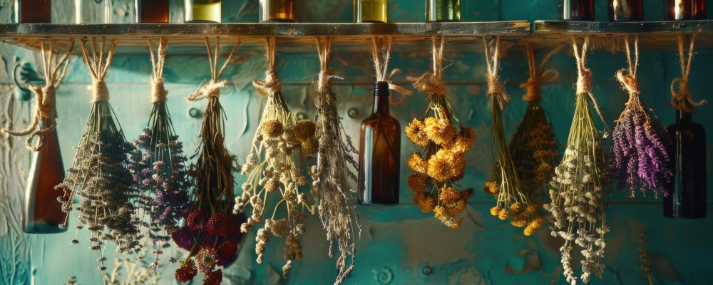 A bunch of dried herbs hanging on a wall. Ideal for kitchen or herbal medicine concepts.