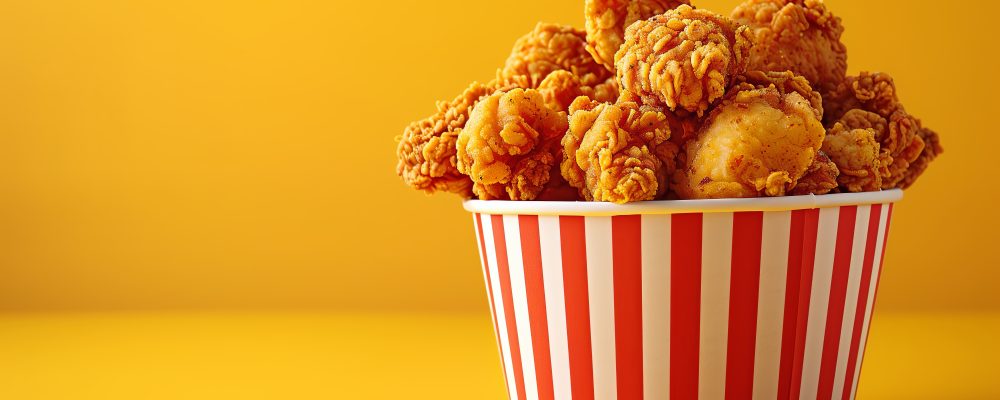 A bucket of fried chicken on yellow background with copy space, ai generated