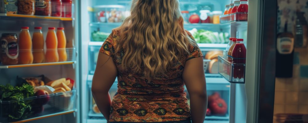 rear view of an overweight woman stands near an open refrigerator in the dark filled with food. problems of obesity and overeating concept