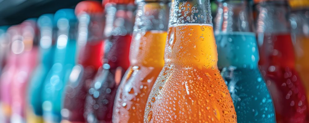 Assorted colorful soda bottles with condensation in a grocery store