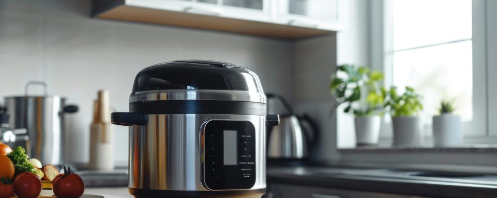 A modern electric pressure cooker sits atop a kitchen counter, ready for use.