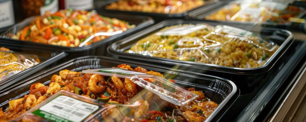 Diverse selection of family friendly frozen meals and prepared dishes displayed in the freezer section of a modern supermarket or grocery store  The frozen food options provide a convenient